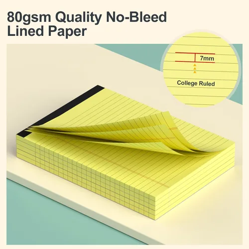 Vista 3 de Blocs de notas pequeños de 5x8 amarillos – paquete de 4, papel grueso premium de 80gsm, 30 hojas/60 páginas por bloc, páginas perforadas con rayas