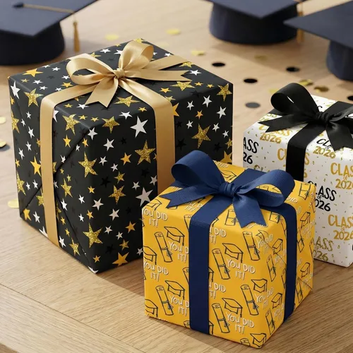 Vista 7 de WAPLIGHAL Papel de regalo de graduación para clase de 2026 – Gorras de graduación, diplomas, estrellas y lo hiciste en negro, color dorado, papel