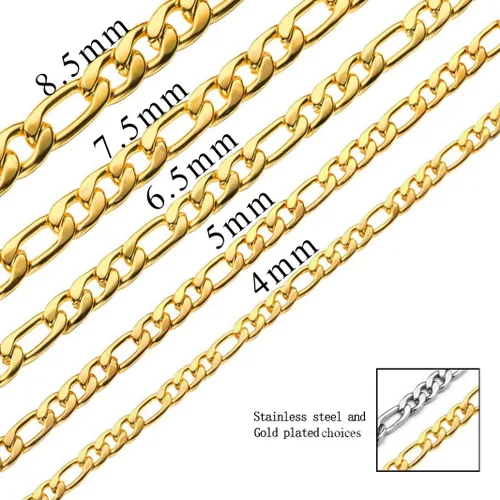 Vista 6 de Collar con cadena tipo Figaro de acero inoxidable, baño de oro real, cadenas unisex, joyería para regalo