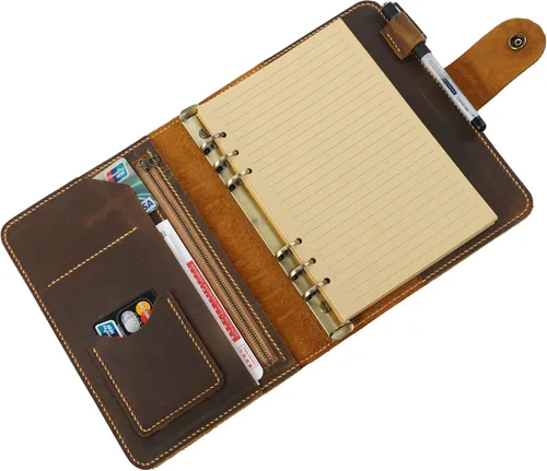 Vista 4 de Agenda Organizadora de Cuero Personalizada Tamaño A5, Cuaderno de Viaje con 6 Anillas, Cuaderno de Cuero Hecho a Mano, Regalo Personalizado