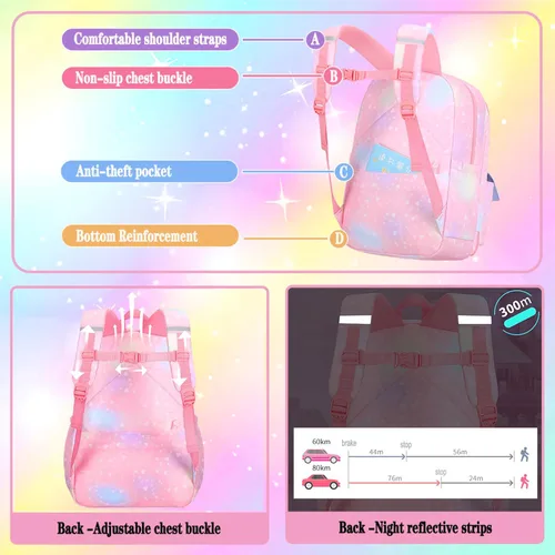 Vista 4 de Mochila para niñas con diseño de arco iris estrellado, mochila de gran capacidad, multifunción, a la moda, casual, bolsa de viaje para computadora