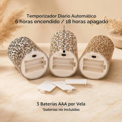 Vista 4 de Mark Feldstein - Velas LED de cristal con estampado de leopardo, juego de 3