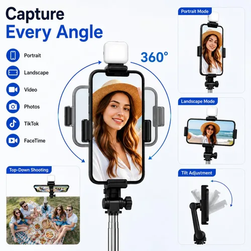Vista 6 de Acuvar Trípode para selfie stick con control remoto Bluetooth y luz de relleno LED, soporte extensible de 28 pulgadas para iPhone, Samsung