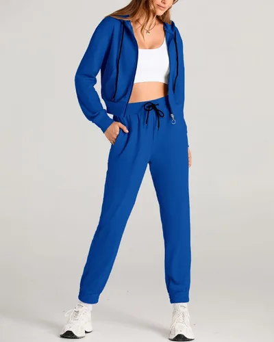 Vista 3 de Amkoyam Conjunto de dos piezas para mujer, de manga larga, con cremallera, sudadera con capucha y pantalones largos