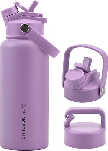 Vista 18 de Botella de agua de acero inoxidable de 32 onzas con tapa 2 en 1, botella de agua aislada al vacío de triple pared, a prueba de fugas, asa