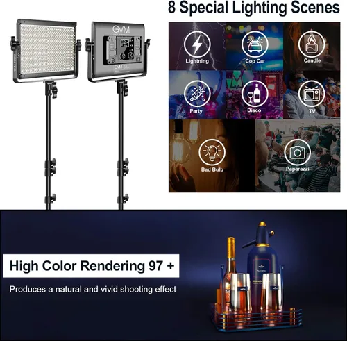 Vista 12 de GVM - Luz de video LED RGB con control Bluetooth, kit de iluminación de video 1000D PRO de 360° a todo color con 736 cuentas LED, 2 paquetes de luz