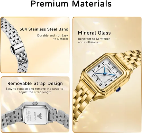 Vista 5 de Relojes dorados para mujer, pulsera pequeña, esfera de números arábigos, correa de acero inoxidable, caja rectangular de cuarzo para mujer, reloj
