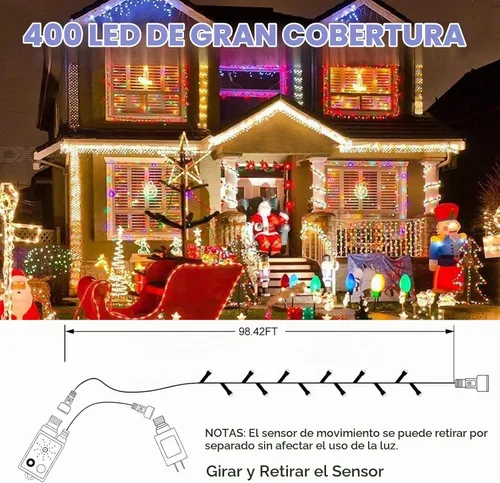 Vista 5 de Luces de Cuerda de Navidad con Sensor de Movimiento Musical que Cambian de Color, 110 Pies, 400 LED, Blanco Cálido Multicolor, Luces de Árbol