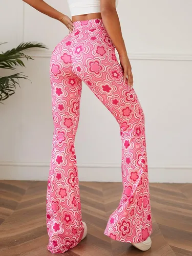 Vista 2 de OYOANGLE Pantalones de yoga de cintura alta con estampado floral para mujer
