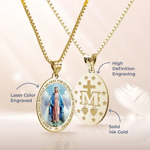 Vista 2 de Picturesongold.com Collar de medalla milagrosa con colgante de Virgen María católica para mujeres y hombres, fabricado en oro amarillo o blanco