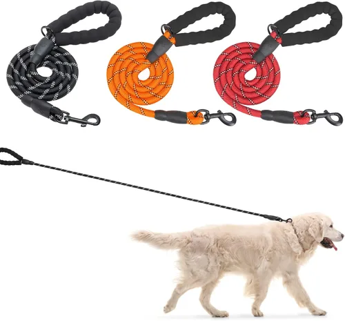 Vista 14 de BEAUTYZOO Paquete de 3 correas de cuerda resistente para perros, correa de nailon para mascotas de 6 pies con hilo reflectante, mango acolchado