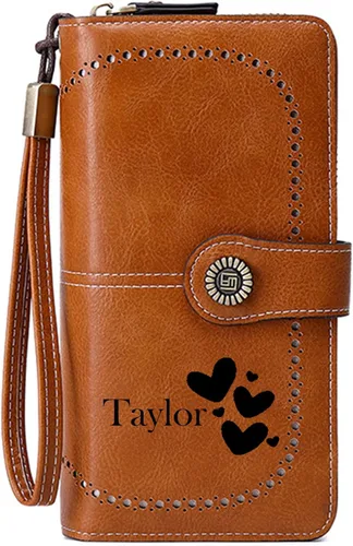 Vista 11 de Cartera de pulsera personalizada, carteras con nombre grabado personalizado con bloqueo RFID, gran capacidad, cartera de mano para tarjetas de Cuero