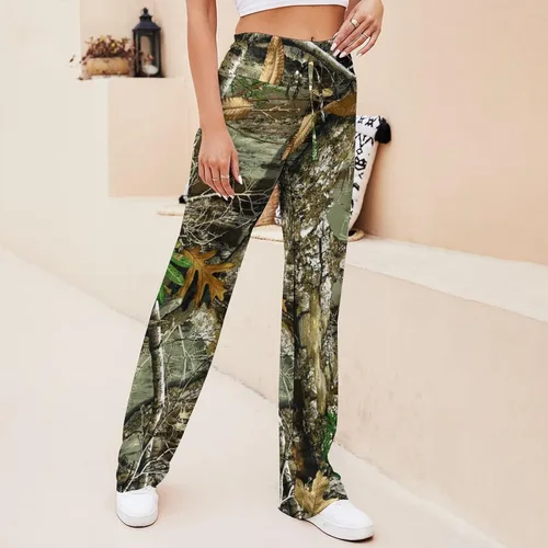Vista 4 de Bagea-Ka Otoño Caza Árbol Camo Patrón Mujeres Yoga Pantalones Rectos Pantalones de Pierna Ancha Cordón Casual Pantalones de Deporte Flojo