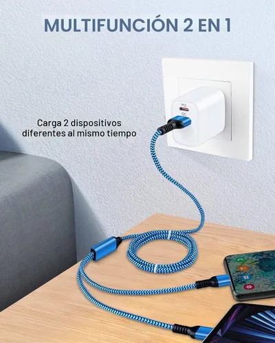 Vista 5 de Cable de carga USB múltiple, 2 en 1 USB C y cable de carga Lightning de 4 Azul