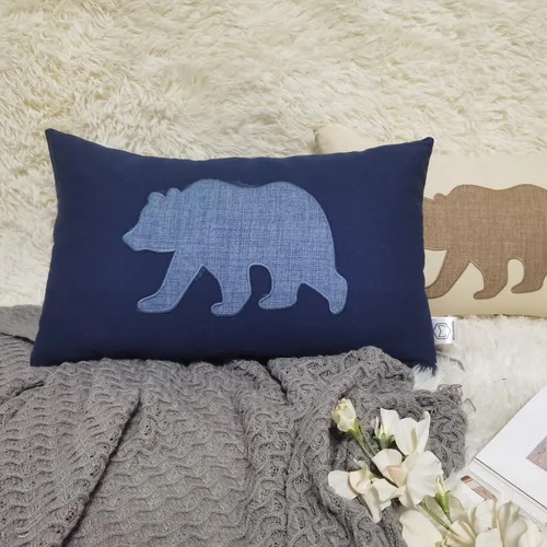 Vista 2 de Fundas de almohada lumbares de 12 x 20 pulgadas, con diseño de oso de algodón y lino, fundas de cojín bordadas para sofá, dormitorio (azul)