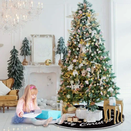 Vista 5 de HOHOTIME Falda de árbol de Navidad de arpillera, falda de árbol negro de 30 pulgadas con copos de nieve blancos y palabras de Feliz Navidad