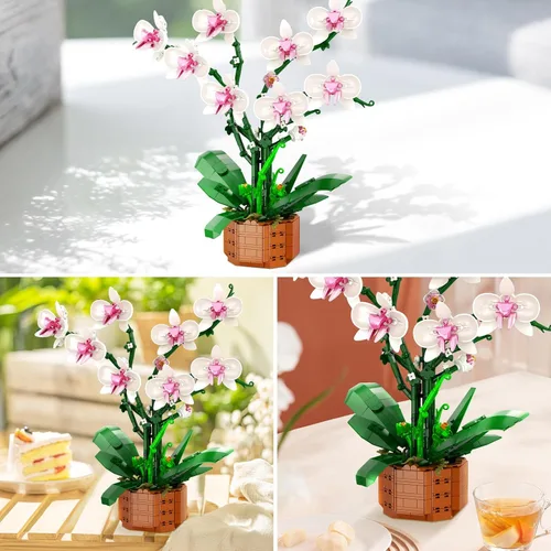 Vista 2 de Bilinott Juego de Bloques de Construcción de Flores de Orquídea, Conjunto de Construcción de Flores Artificiales de Interior para Hogar, Cocina