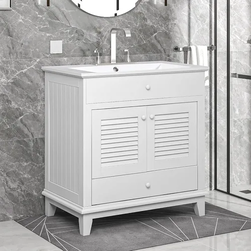 Vista 15 de Combinación de tocador de baño de 30 pulgadas con lavabo, armario de baño multifuncional con puertas y cajón, marco sólido y tablero de MDF