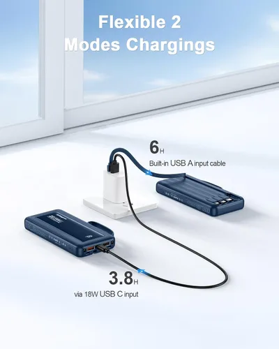 Vista 7 de Cargador portátil con cables incorporados, delgado 10000mAh carga rápida 22.5W banco de energía USB C pantalla LED paquete de batería 6 salidas y 2