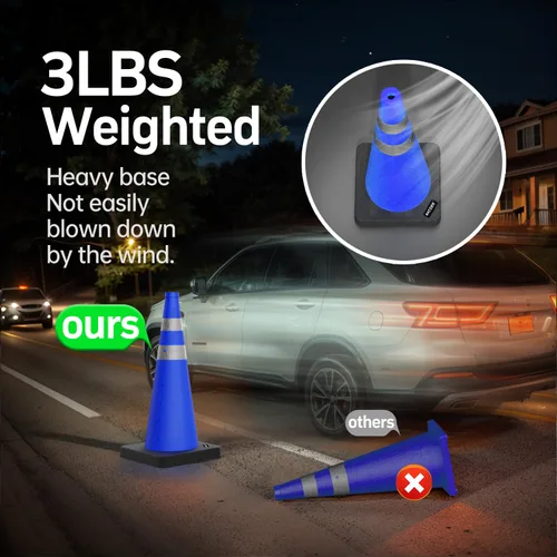 Vista 3 de BATTIFE [1 Paquete] Conos azules plegables de seguridad de tráfico de 28 pulgadas con base negra pesada, conos emergentes multiusos con collar