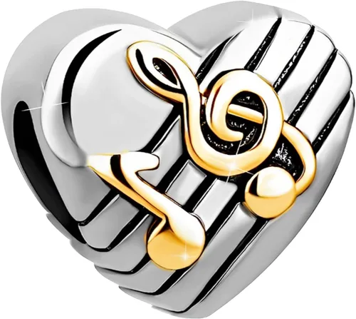 Vista 2 de Dijes de cuentas de corazón de amor con notas musicales doradas, compatibles con pulseras Pandora, regalos de joyería de cumpleaños para mujeres