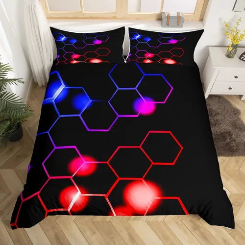 Vista 27 de Feelyou Juego de ropa de cama verde y negro tamaño individual para niños y adolescentes, juego de funda de edredón con temática hexagonal