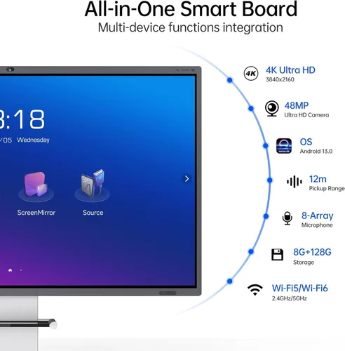 Vista 2 de Tablero inteligente de 75 pulgadas, panel plano interactivo 4k con cámara de 48 MP, certificado Google EDLA, Android 13, pizarra blanca inteligente