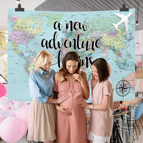 Vista 6 de Una nueva aventura comienza viajando niño, decoración de fiesta de baby shower, telón de fondo, mapa del mundo alrededor del mundo, aventura espera