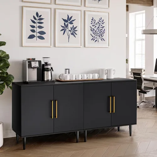 Vista 5 de Vrullu Gabinete de Almacenamiento Moderno, Gabinete de Buffet Independiente, Aparador Negro y Almacenamiento de Buffet, Muebles de Acento de Madera