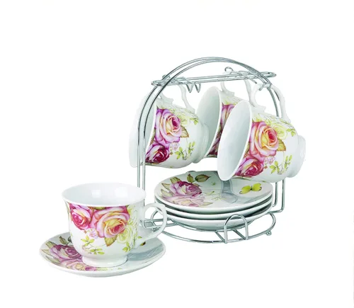 Vista 2 de WORLD GIFTS Elegante juego de tazas de té y platillo de porcelana duradero y colorido con soporte de metal, grano de café, 8 onzas, juego de 4