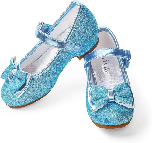 Vista 7 de Stelle - Zapatos de vestir para niñas pequeñas, zapatos de princesa con purpurina y flores, tacón bajo estilo Mary Jane, ideales para fiestas y bodas