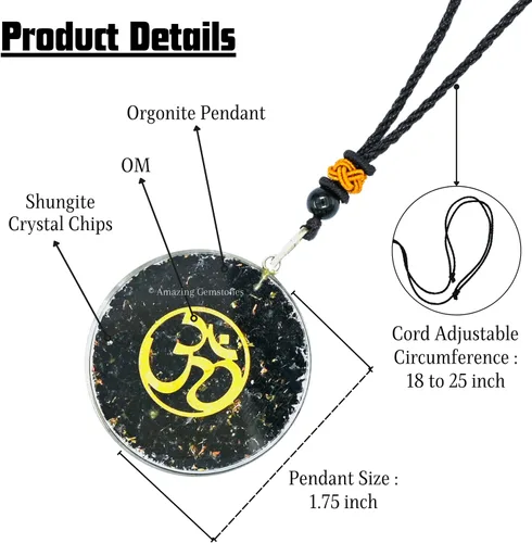 Vista 2 de Amazing Gemstone Shungite - Collar con colgante redondo de orgonita para protección, potente colgante de orgón para hombres, mujeres y niños (OM)