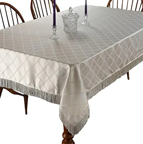 Vista 6 de Violet Linen Mantel con flecos con diseño de damasco de diamante, color beige, cuadrado de 54 x 54 pulgadas