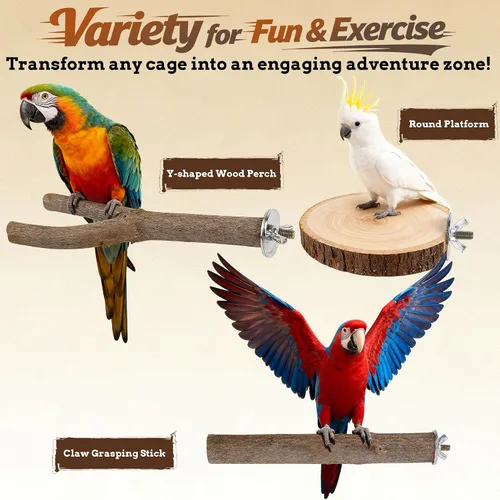 Vista 5 de Juego de 6 perchas para pájaros, perchas rectas y bifurcadas de madera de abedul natural con plataformas para periquitos, cacatúas, conures