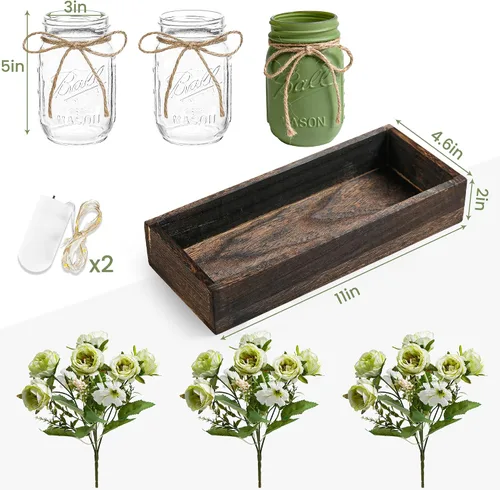 Vista 4 de 3 Piezas Centro de Mesa con Tarro de Conservas Decoraciones para Comedor, Mesa de Café de Granja con Bandeja de Madera y Luz LED, Centros de Mesa