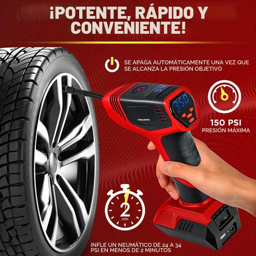 Vista 2 de BULLSEYE PRO - Inflador de neumáticos con manómetro, compacto y portátil, apagado automático, 150 PSI máximo, USB recargable para el hogar y cable