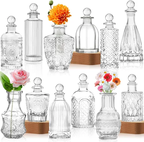 Vista 8 de Botellas de vidrio transparente con tapas, jarrones a granel, juego de 12 mini jarrones de flores para decoración de mesa, botella pequeña