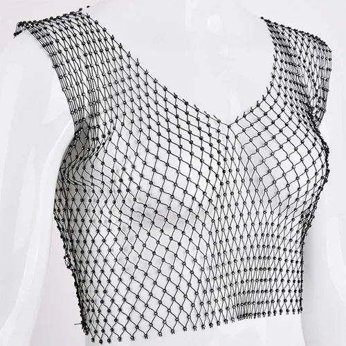 Vista 6 de FlyCC Camiseta corta sexy de malla transparente con diamantes de imitación sin mangas para mujer