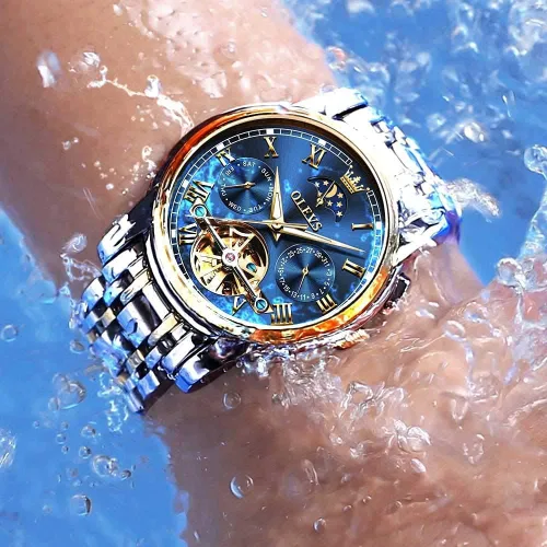 Vista 6 de OLEVS - Reloj mecánico automático Tourbillon Slef-Wind lujoso de acero inoxidable resistente al agua luminoso y con fecha