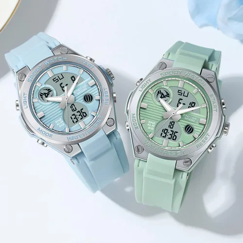 Vista 4 de findtime Relojes de pulsera para mujer, digital, 5 bares, impermeables, con retroiluminación LED, correa colorida, alarma analógica