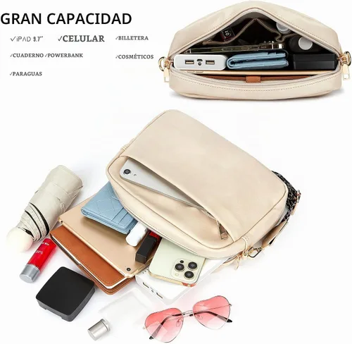Vista 3 de Bolso cruzado de cuero para mujer con cremallera y hombro para cámara Beige