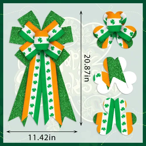 Vista 2 de ABTOLS Arcos grandes para corona del día de San Patricio, lazos de trébol de la suerte para corona, bandera irlandesa con purpurina verde, lazo