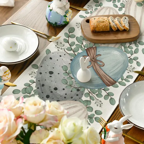 Vista 4 de Artoid Mode Camino de mesa de Pascua de huevo de eucalipto, decoración de mesa de comedor de cocina de primavera para interiores y exteriores Beige
