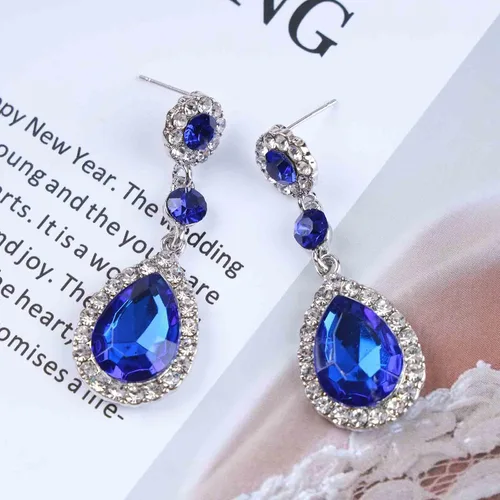 Vista 5 de Aretes de gota de cristal de zafiro vintage, aretes de zafiro en gota de agua, aretes de plata con diamantes de imitación azules, aretes de novia