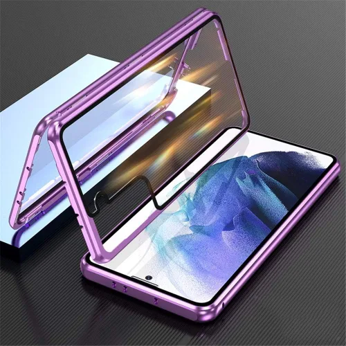 Vista 14 de Funda para Galaxy S21 con bloqueo de seguridad + adsorción magnética, vidrio templado de doble cara, a prueba de golpes, parachoques de aluminio