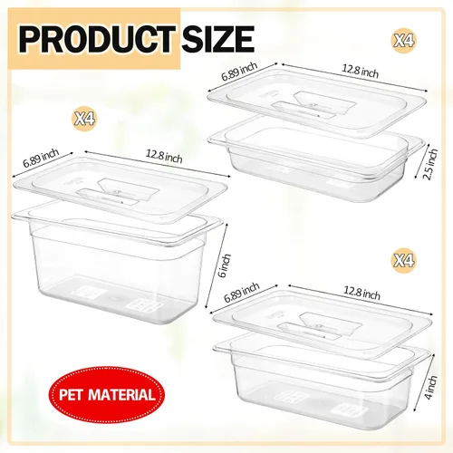 Vista 2 de Tioncy 12 sartenes transparentes de tamaño 1/3 con tapas, recipientes apilables de plástico para ensaladas, almacenamiento comercial de alimentos