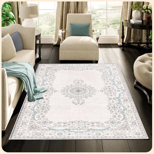 Vista 350 de Istana Alfombra larga antideslizante de 2.5 x 8 para el hogar, para pasillo y cocina, lavable, sedosa y suave al tacto, elegante, color azul y marfil