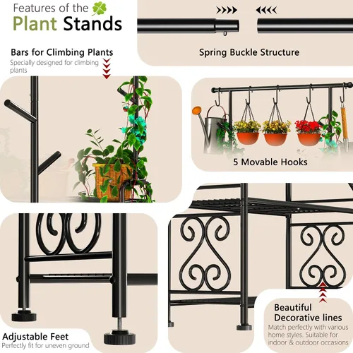 Vista 6 de GIOTORENT Soporte para plantas de interior, estante de metal resistente de 3 niveles para patio e interior, soporte alto para plantas que sostiene