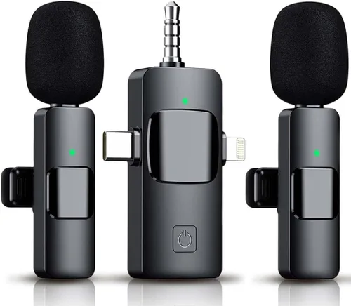 Vista 8 de Micrófono Lavalier inalámbrico 3 en 1 para iPhone, iPad, Android, cámara, batería de 12 horas, mini micrófono de grabación con reducción de ruido