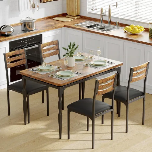 Vista 6 de IDEALHOUSE Juego de mesa de comedor de 5 piezas, juego de mesa de comedor y sillas de estilo industrial para 4, juego de mesa de cocina para Marrón